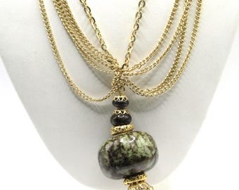 Multi-Strand Vintage Gold Tone Chain Necklace Big Bead Dangle Fringe