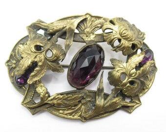 Antique Sash Brooch Pin Brass Nouveau C-clasp; Three Purple Glass Stone