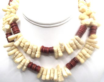 Brown and Beige Long Beaded Necklace Vintage Stone Wood