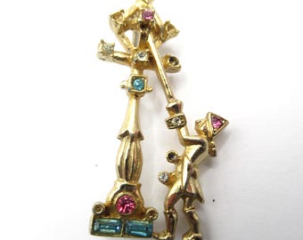Man Lighting Gas Street Lamp Brooch Pin Figural Rhinestones Vintage
