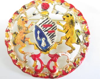 Heraldic Crest Imperial Lions Rampart Painted Brooch Pin