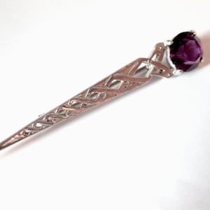 Vintage Pin Celtic or Scottish Dirk Silver and Purple Glass Long Staff With Lattice Beautiful Stylish Lapel