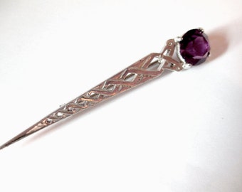 Vintage Pin Celtic or Scottish Dirk Silver and Purple Glass Long Staff With Lattice Beautiful Stylish Lapel