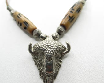 Buffalo Bison Head Bead Cord Necklace Unisex Vintage Necklace
