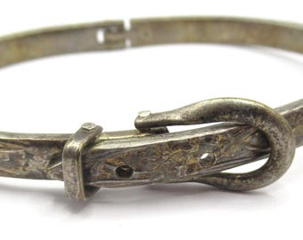 Belt Buckle Bracelet Adjustable Mexico Very Old Dark Silver Tone