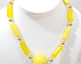 Plastic Vintage Necklace Beaded Big Focal Bead Center Hong Kong Yellow