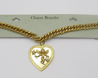 Charm Bracelet Large Angel Holding Star Wand w Faux Pearl in Heart on Card NOS Vintage 70s 80s
