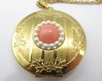 Avon Signed Chain Locket Pendant Necklace Vintage Orange Faux Pearl
