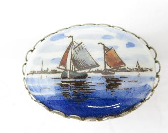 Porcelain Hand Painted Boats Water Scene Vintage MCM Brooch Pin