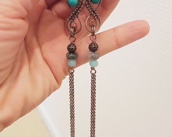 Pendientes de labradorita y turquesa, pendientes largos de estilo bohemio romántico, pendientes de cobre oxidado