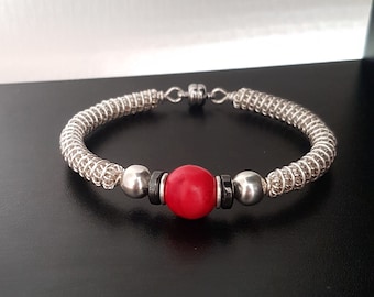 "Makkelijk te dragen" armband met koraal en hematiet, rood en zwart verzilverde armband