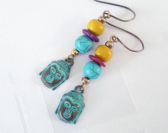 Boho Chic Unieke Oorbellen, Oorbellen met Boeddha-gezicht en kralen, Zen-oorbellen