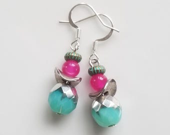 Boho oorbellen, roze jade glazen kralen oorbellen, kleurrijke oorbellen