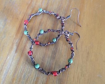 Koperen oorringen, rode en blauwe gypsy boho oorringen