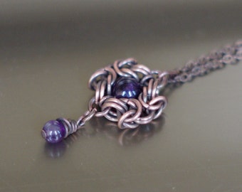 Geoxideerde koperen ketting met amethist, kleine koperen hanger