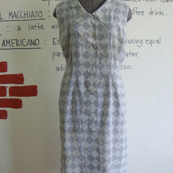 Vintage 40s Polka dot classic casual sundress L XL Blue white diamond shape