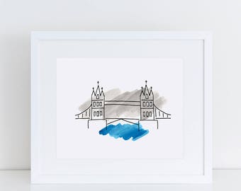 London A4 Art Print // London Tower Bridge, London illustration, London landmark, travel gifts, home decor, London gift, watercolor painting