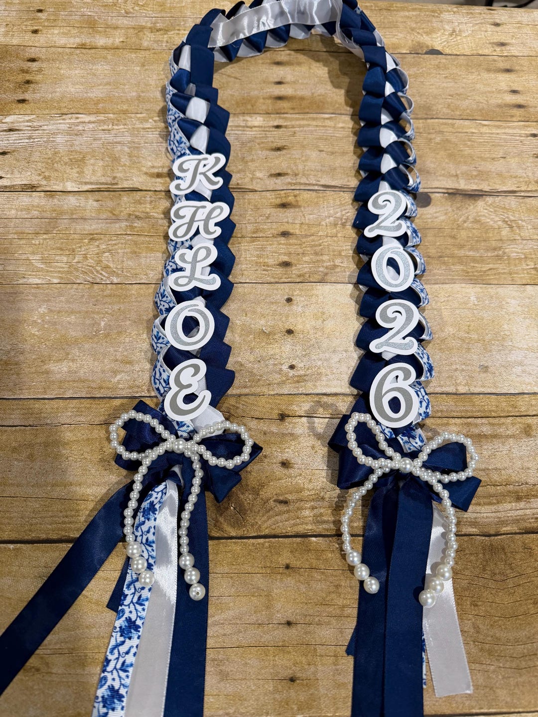 Navy Blue Floral Graduation Lei, Personalized Satin Ribbon for ...
