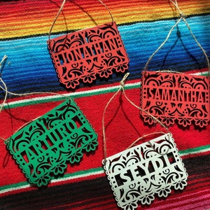 Custom Papel Picado Mexican ornaments , wood papel picado name ornaments, tiny papel picado ornaments, mexican christmas tree ornaments