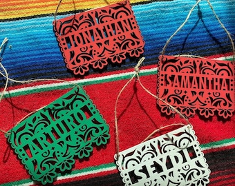 Custom Papel Picado Mexican ornaments , wood papel picado name ornaments, tiny papel picado ornaments, mexican christmas tree ornaments