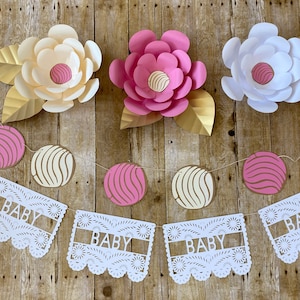 Concha theme baby shower party supply set, paper flowers, concha banner, papel picado banner