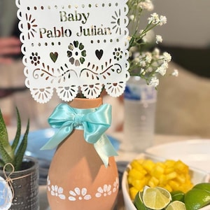 Set of 10 Cielito Lindo Papel Picado for fiesta table centerpieces,  Custom white papel picado for table decor with or without sticks.
