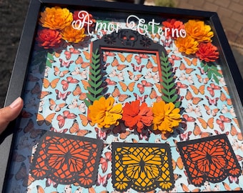 Recuerdame Shadow Box, Memorial Shadow Box, ofrenda, Memorial Shadow Box for ofrenda, day of the dead decor, dia de los muertos, marigolds