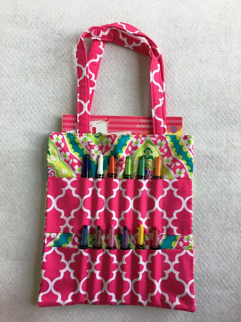 Crayon Coloring Tote Bag-Pink Aqua Moroccan-Coloring Book Tote Bag-Crayon Bag-Children Gift-Girls Tote Bag-Monogram Name-Girl Tote Bag