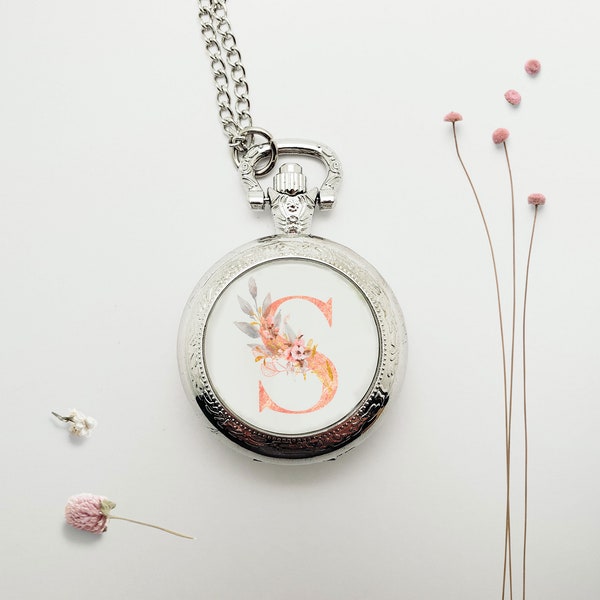 Custom Pocket Watch Pendant Necklace, Quartz Watch - Small - Monogram Design