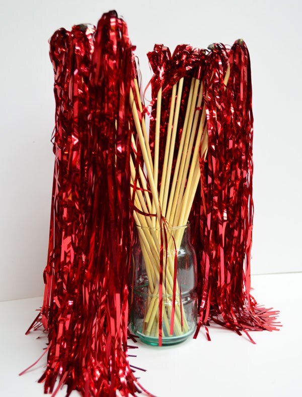 25 Glittery Tinsel Wedding Ribbon Wands With Bell, Send Off, Down the