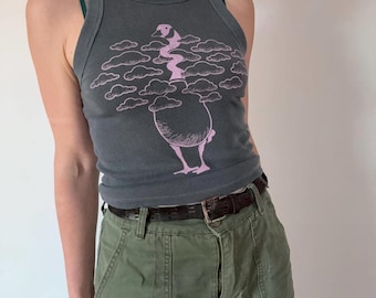 Womens S-XL – The Goose  – One-of-a-Kind Upcycled Screenprinted Grey and Purple Ribbed Tank Top – Turned Clouds