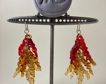 Red Yellow and Orange Handmade Glass Lampwork Sculptural Tendril Earrings Unique Jewelry