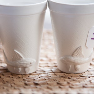 fish ceramic cup. 1 stoneware white cup cast from a polystyrene cup mould with goldfish texture. Ideal birthday gift or wedding gift for her image 1