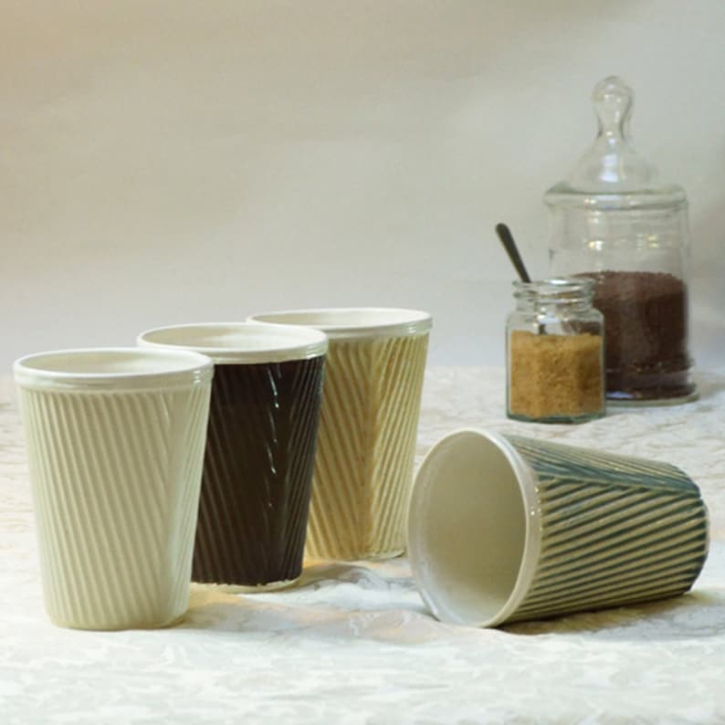 Coffee cup. Modern paper porcelain cups in taupe, blue, brown and white ceramic cups. Also a plant pot Travel mug drinkware and homeware image 2