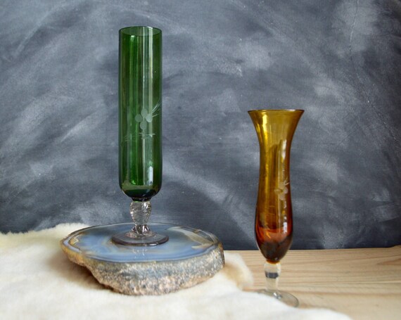 Vintage Etched Glass Vases Mismatched Pair Dark Green And Etsy