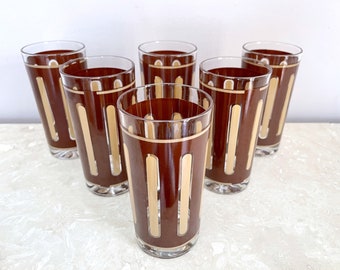 Vintage Brown and Tan Screen-printed Tumblers | Set of Six Cocktail Glasses