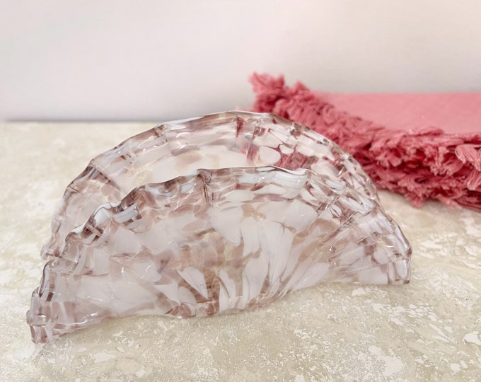 Pink and White Handblown Murano Glass Napkin Holder With Ruffled Edge