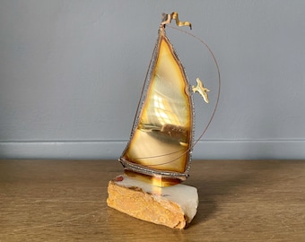 Mid Century Brass Boat on Stone Base Art sculpture Signed DeMott