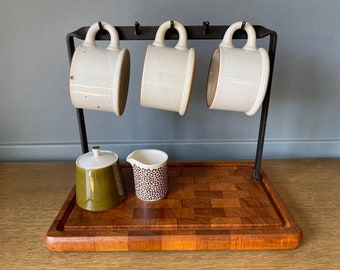 Vintage Teak Cutting Board with Metal Rack marked Luthje Denmark