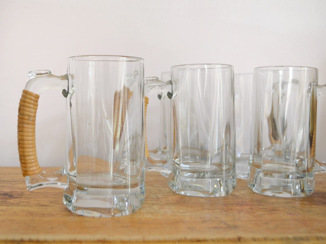 Vintage Cane Wrapped Handle Glass Mugs Set of 6 Etsy