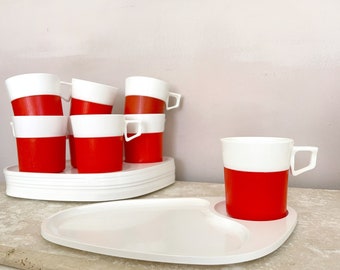 SET OF FOUR Midcentury White and Orange Atomic Shaped Snack Trays and Mugs