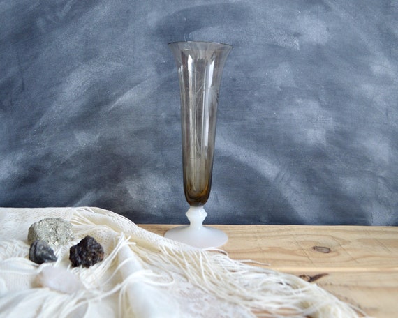 Smoky Brown Etched Glass Bud Vase With White Pedestal Base Etsy