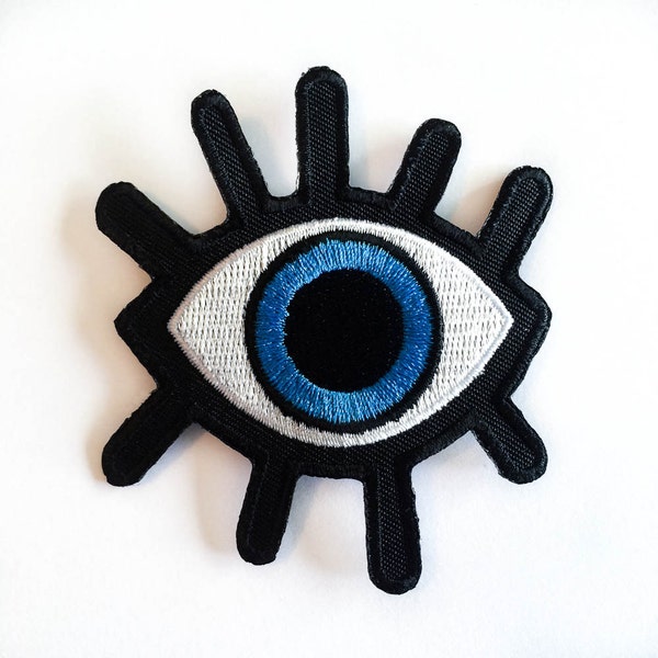 Eye Patch - Big BLUE Eye - Iron-on Patches - Eyelash - Evil Eye Patch - Embroidery - DIY Denim Jacket - Size 3" x 3.4" approx. (P118)