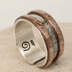 Adjustable Personalized Ring - Sterling Silver and Copper Ring. Hammered - Handmade Ring - Sterling Silver and Copper Band.. Custom Ring