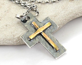 Kruisketting - sterlingzilver - messing - sterlingzilveren ketting - handgemaakt kruis - gehamerd - dames-/herenkruis