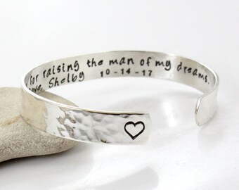 Wedding Cuff - Mother of Groom- Personalized- Thank You for Raising the Man of my Dreams -  Sterling Silver bangle- Personalized Bracelet