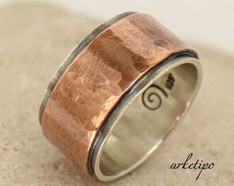 Personalized Wedding Band / Ring - Sterling Silver and Copper Ring. Hammered - Handmade Ring - Sterling Silver and Copper Band.. Custom Ring