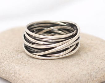 Wrap Sterling Silver Ring, Wide Silver Band, Hammered Oxidized Ring, Chunky Wire Wrap Ring, Personlaized, Inside Engraving Gift Idea for Her