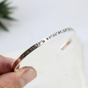 Custom Coordinates Bracelet for Couples, Sterling Silver, Engraved, Silver GPS Bangle Bracelet, Latitude Longitude Bracelets Men/ Women