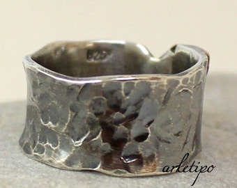 Mannen band - Sterling Silver Band - Gehamerd - Geoxideerd - Zwarte ring - Gepersonaliseerd - Brede Band - Vrouwenring Zilver